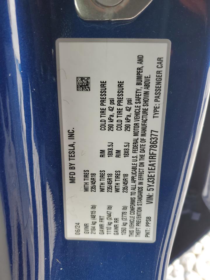 2024 Tesla Model 3 VIN: 5YJ3E1EA1RF786377 Lot: 87090344