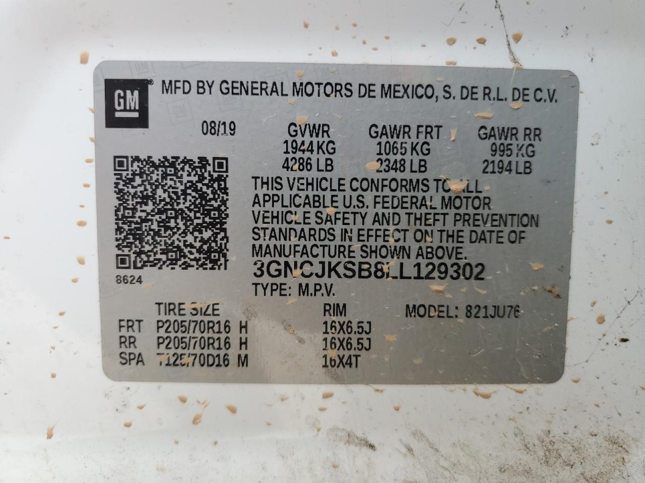 2020 Chevrolet Trax Ls VIN: 3GNCJKSB8LL129302 Lot: 88753735