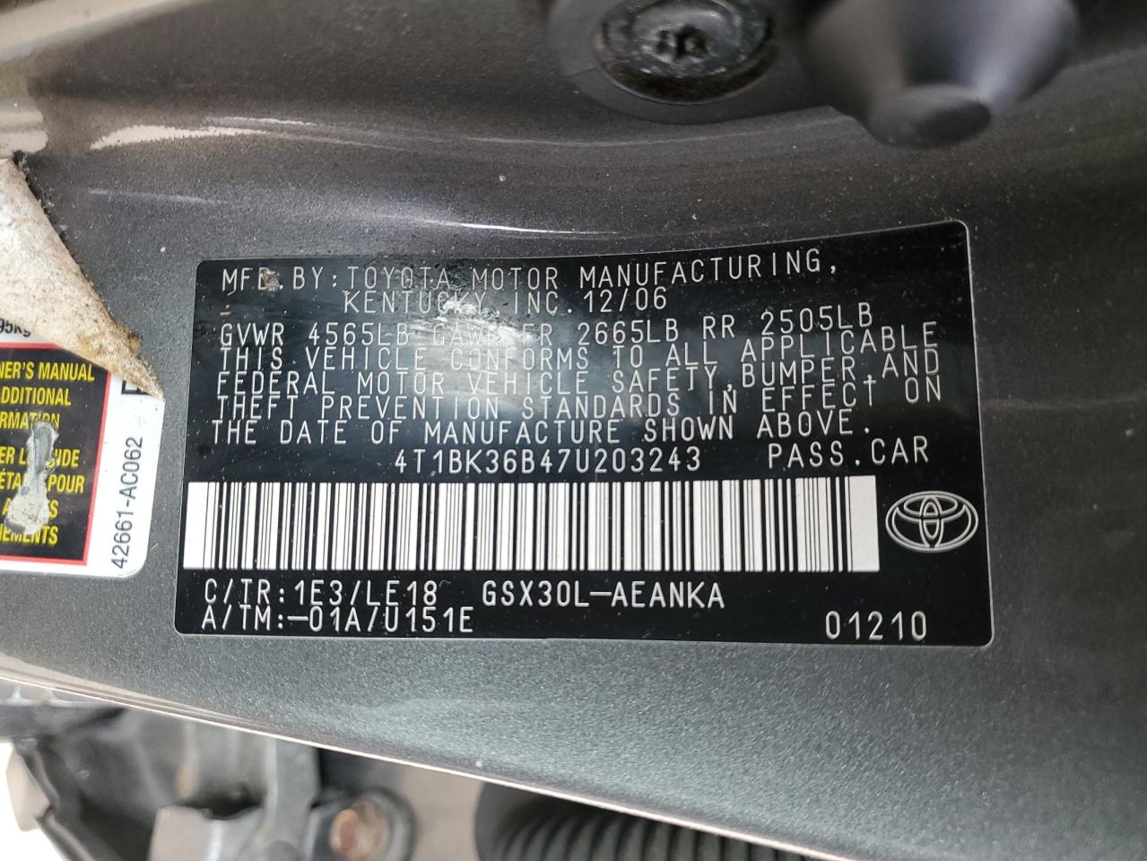 2007 Toyota Avalon Xl VIN: 4T1BK36B47U203243 Lot: 43217085