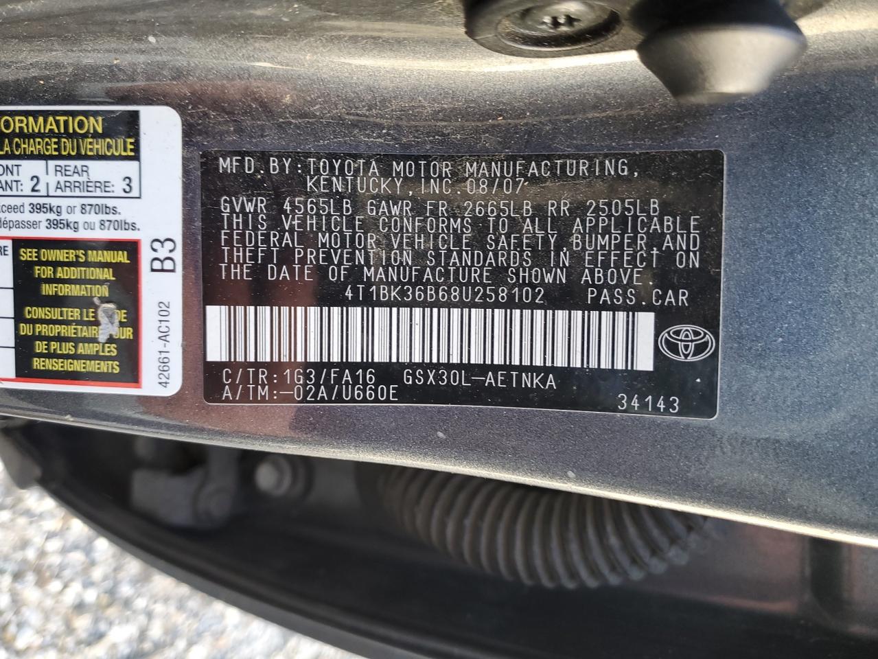 2008 Toyota Avalon Xl VIN: 4T1BK36B68U258102 Lot: 87410534