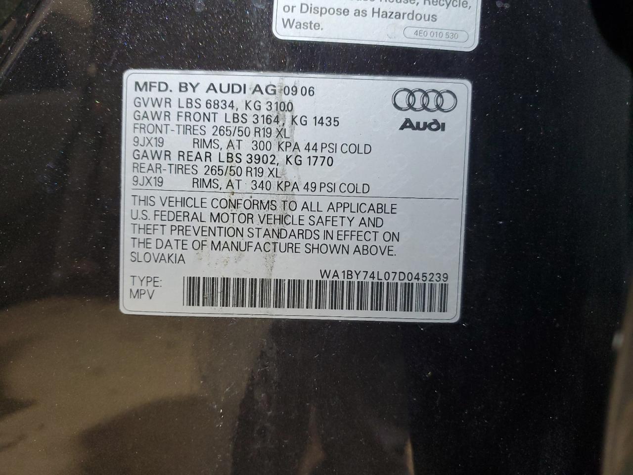 2007 Audi Q7 3.6 Quattro Premium VIN: WA1BY74L07D045239 Lot: 87174334