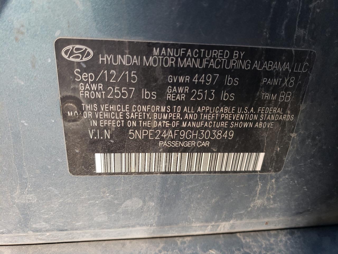 VIN 5NPE24AF9GH303849 2016 HYUNDAI SONATA no.12