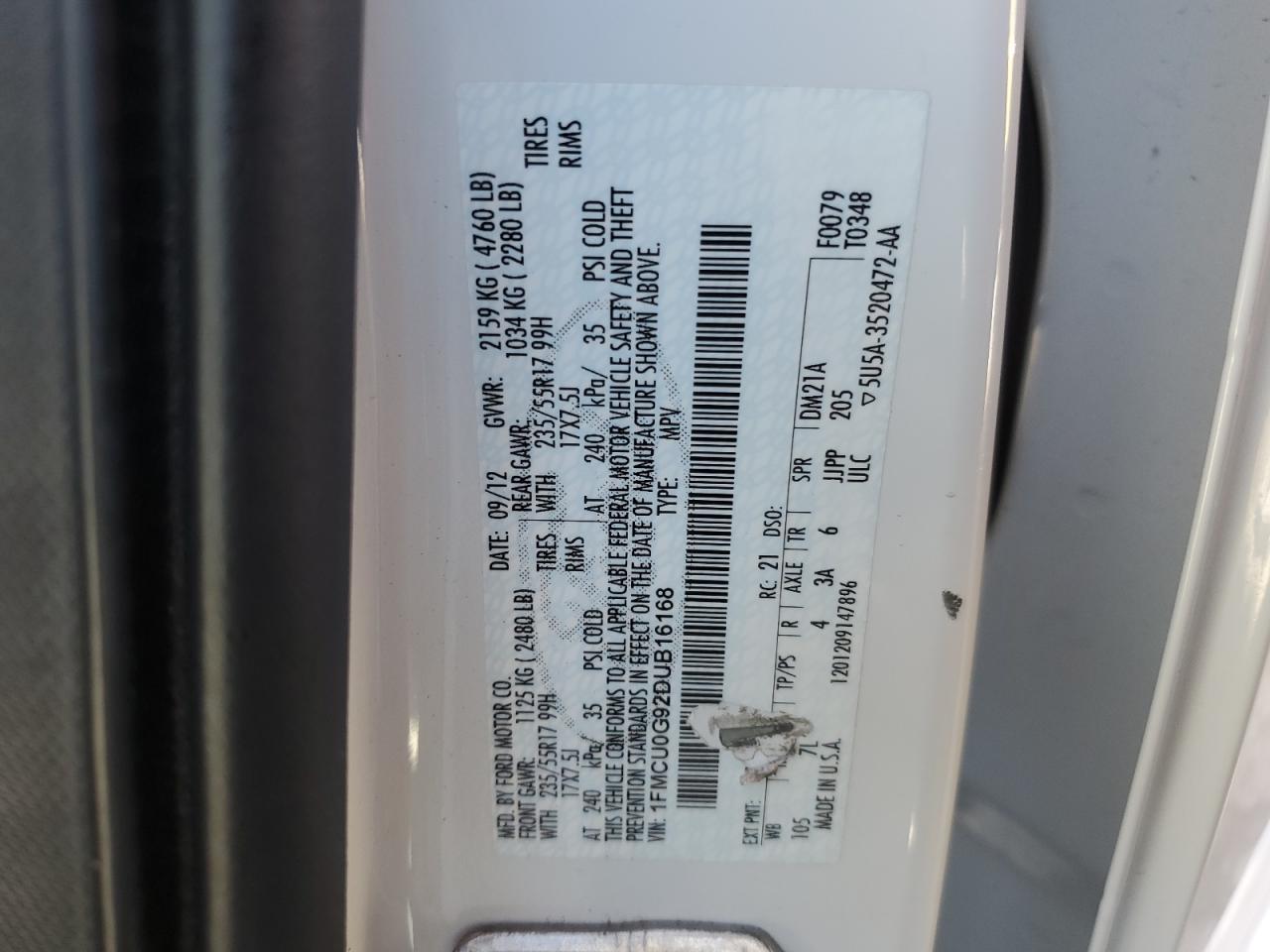 VIN 1FMCU0G92DUB16168 2013 FORD ESCAPE no.12