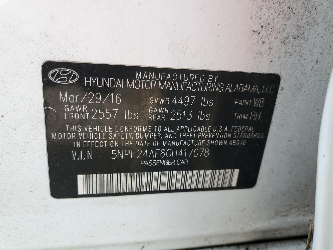 VIN 5NPE24AF6GH417078 2016 HYUNDAI SONATA no.12