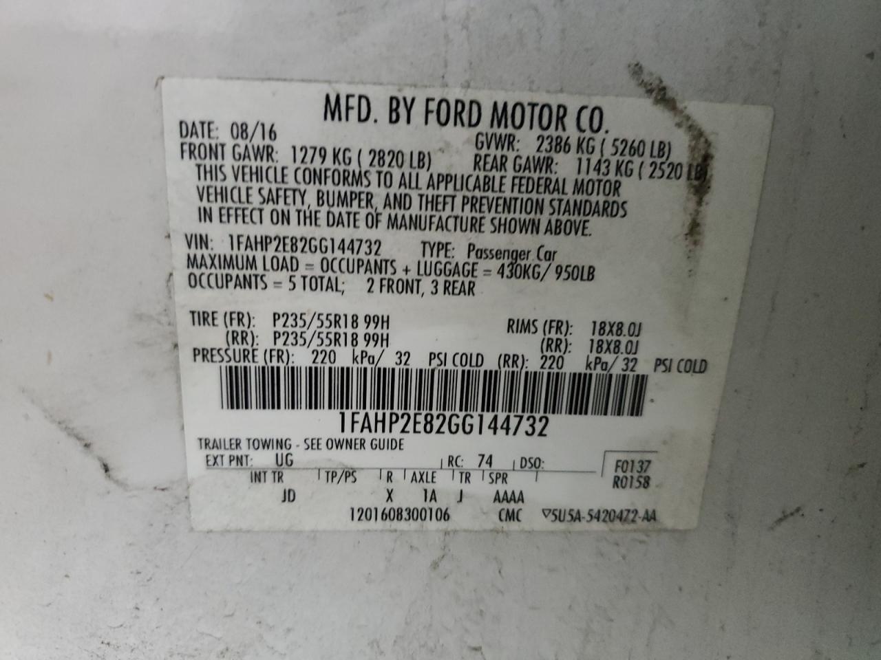 VIN 1FAHP2E82GG144732 2016 FORD TAURUS no.12