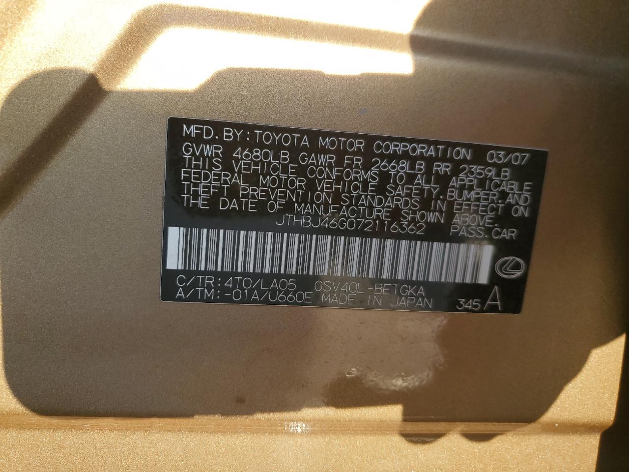 2007 Lexus Es 250 VIN: JTHEJ46G072116362 Lot: 86786174