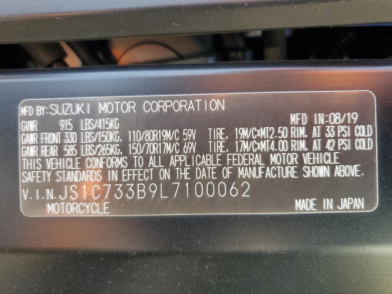 2020 Suzuki Dl650 A VIN: JS1C733B9L7100062 Lot: 42685595