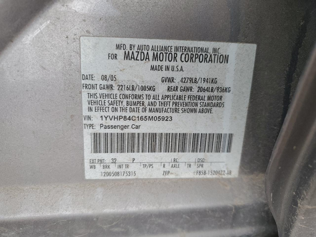 2006 Mazda 6 VIN: 1YVHT84C165M05923 Lot: 41998675