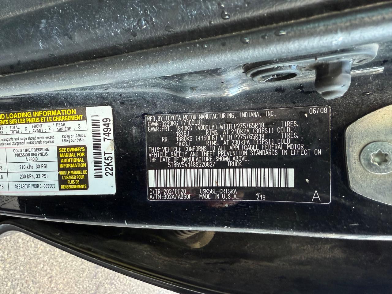 2008 Toyota Tundra Double Cab VIN: 5TBBV54148S520827 Lot: 43479975