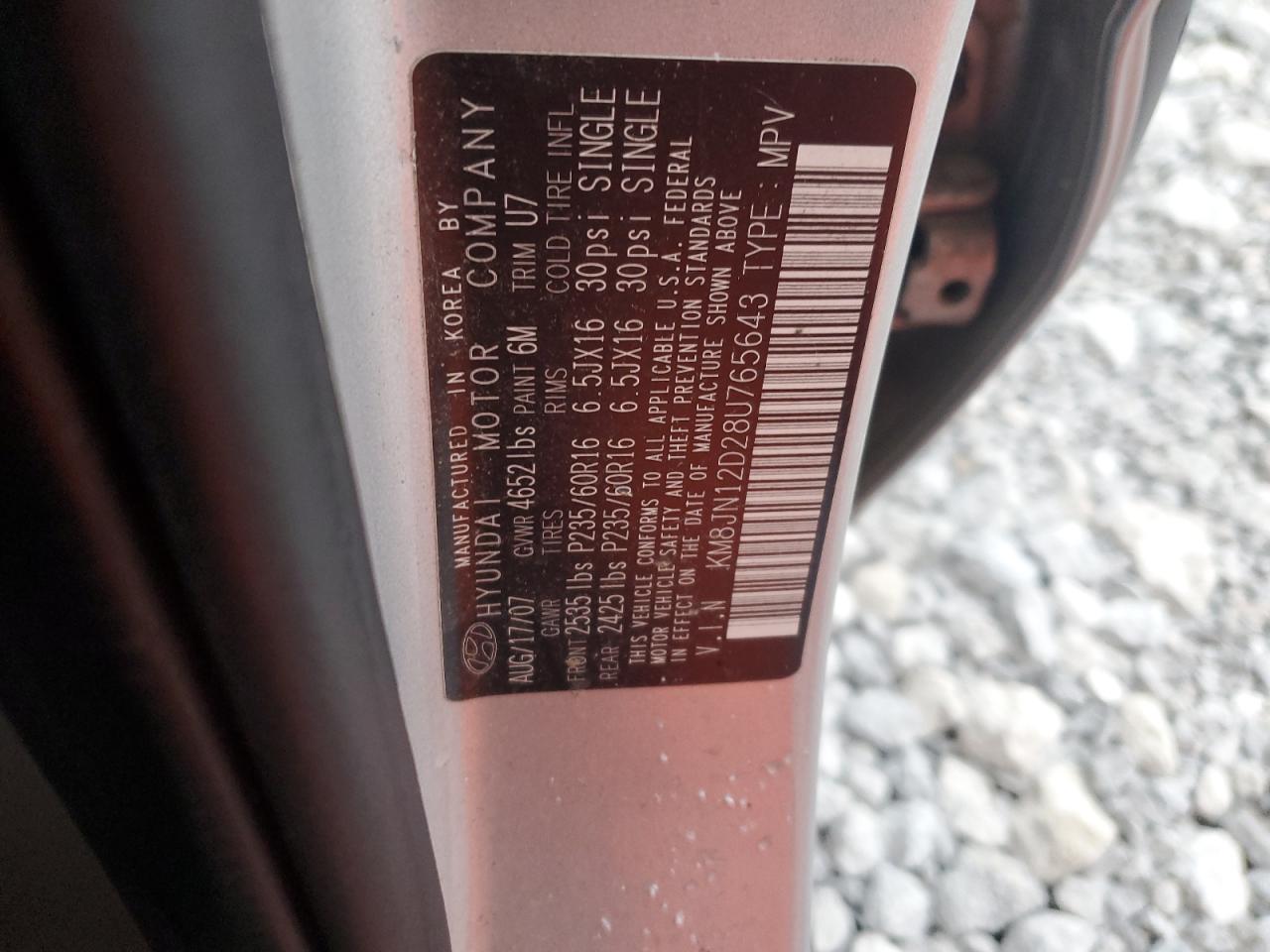 2008 Hyundai Tucson Se VIN: KM8JN12D28U765643 Lot: 87347584