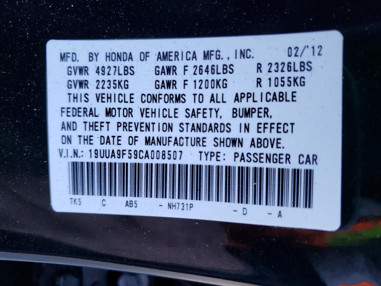 2012 Acura Tl VIN: 19UUA9F59CA008507 Lot: 42448845
