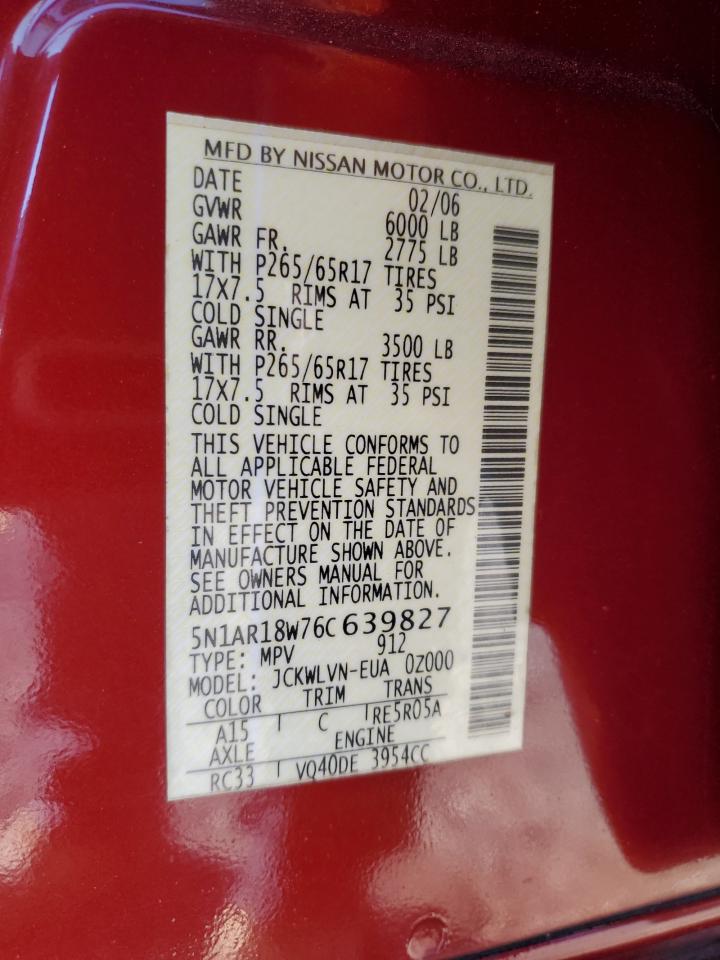 2006 Nissan Pathfinder Le VIN: 5N1AR18W76C639827 Lot: 87462984