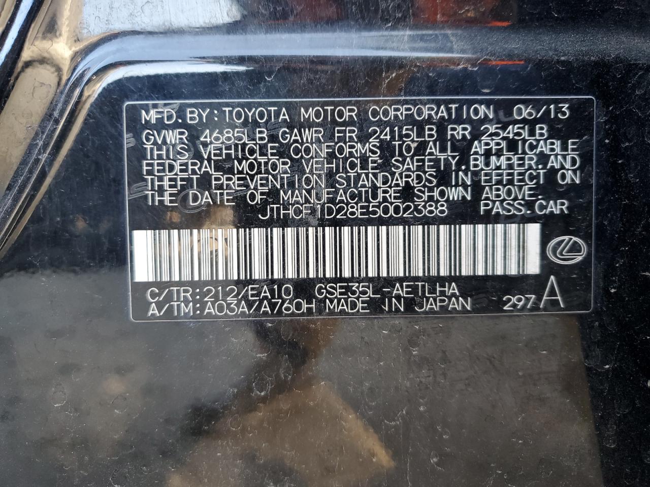 2014 Lexus Is 250 VIN: JTHCF1D28E5002388 Lot: 89180915