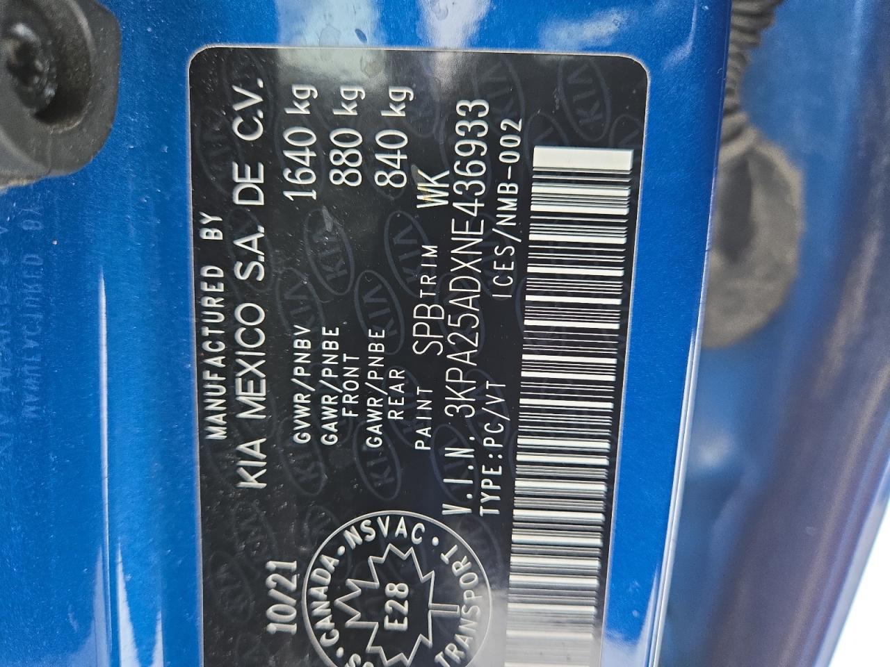 2022 Kia Rio S VIN: 3KPA25ADXNE436933 Lot: 87189474