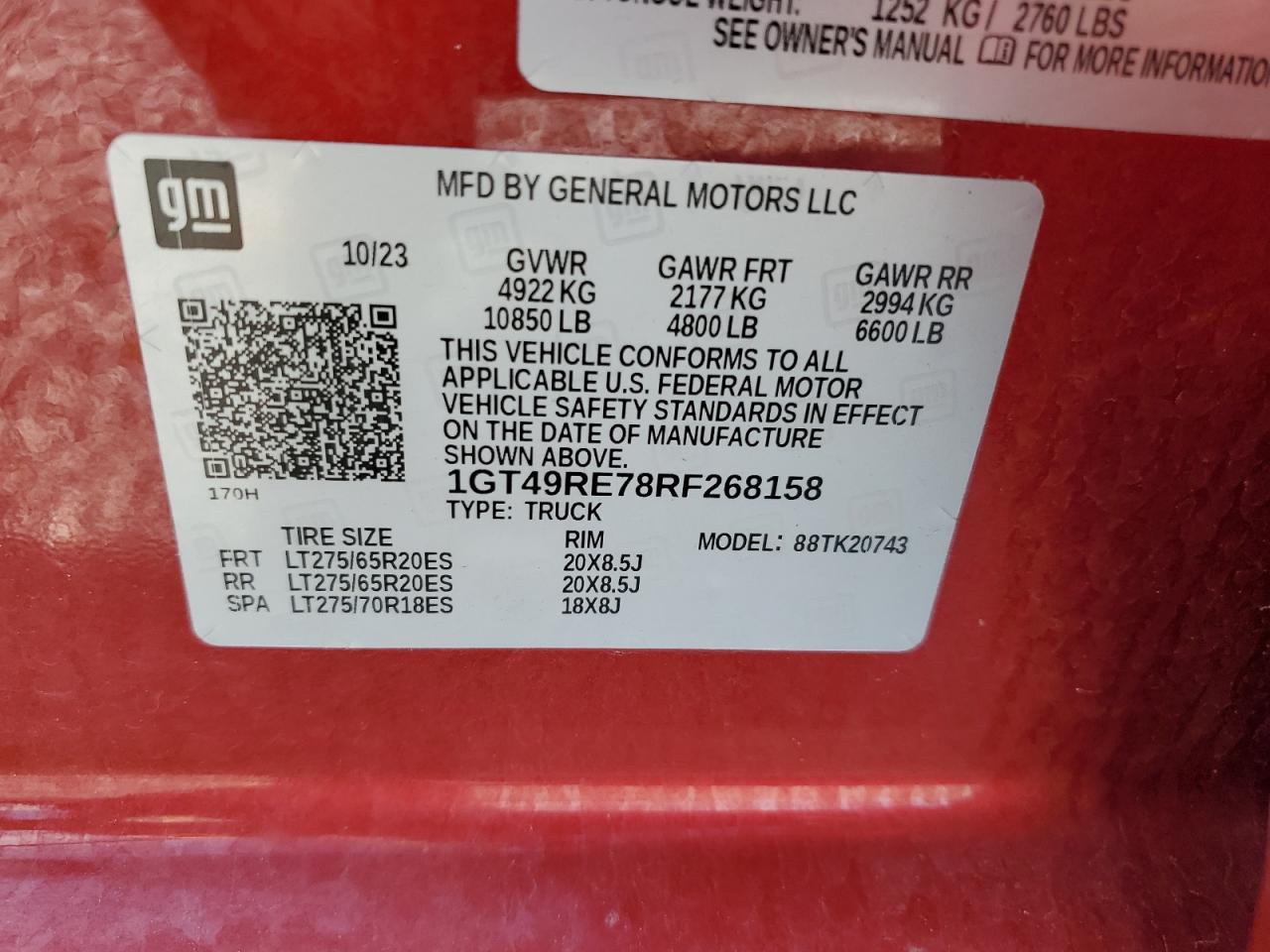 VIN 1GT49RE78RF268158 2024 GMC SIERRA no.13