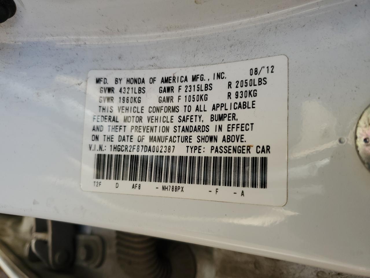 VIN 1HGCR2F87DA002387 2013 HONDA ACCORD no.12