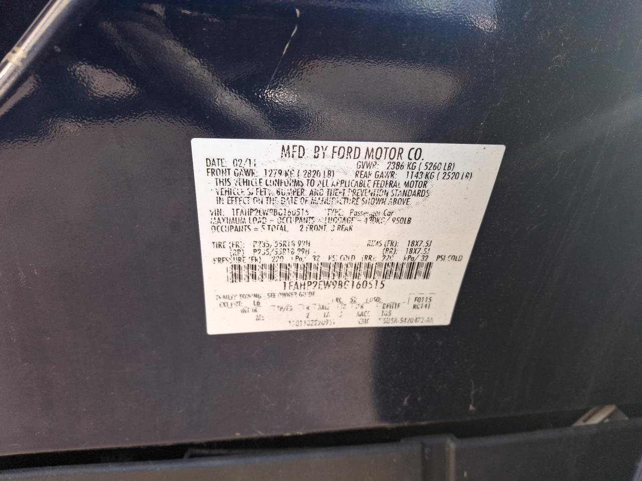 2011 Ford Taurus Sel VIN: 1FAHP2EW9BG160515 Lot: 42549575