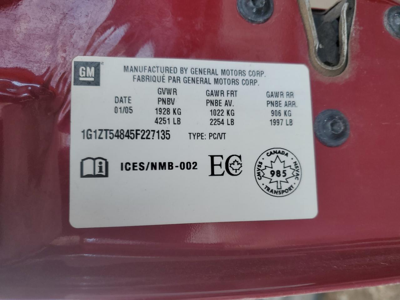 2005 Chevrolet Malibu Ls VIN: 1G1ZT54845F227135 Lot: 87624105