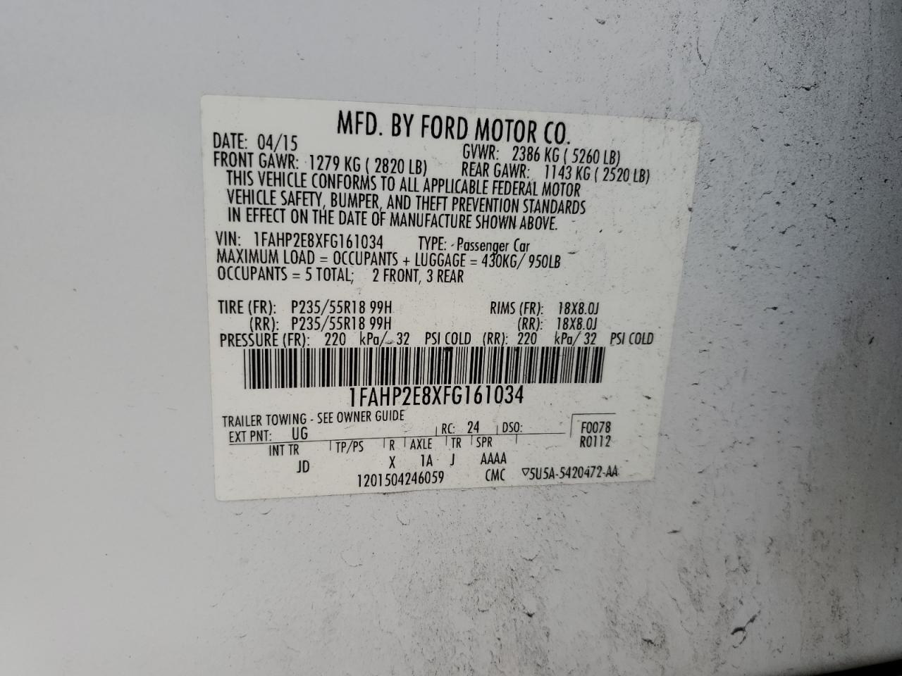 VIN 1FAHP2E8XFG161034 2015 FORD TAURUS no.12