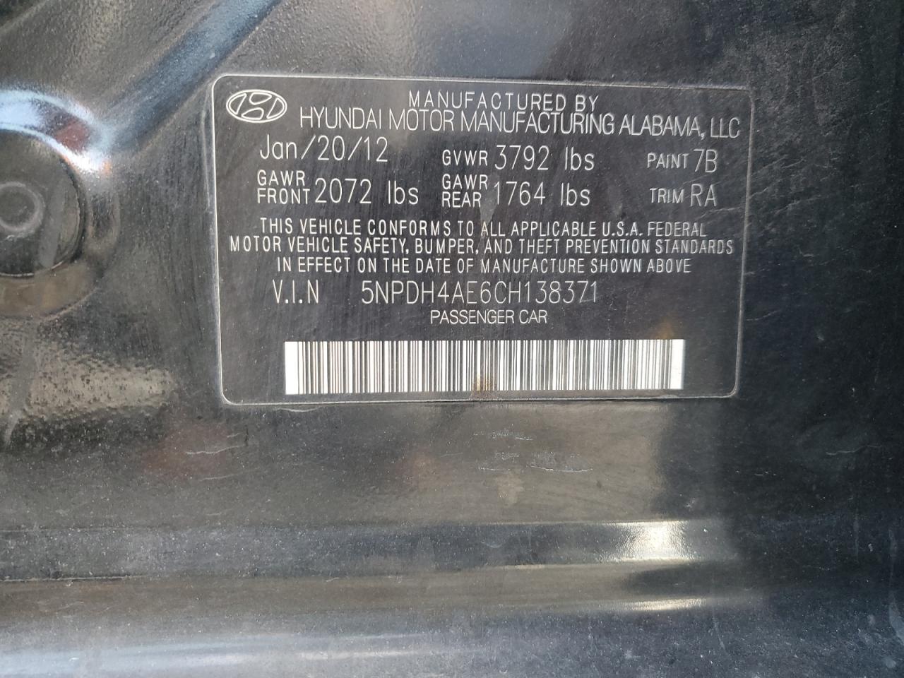 HYUNDAI ELANTRA 2012 VIN 5NPDH4AE6CH138371 фото 12