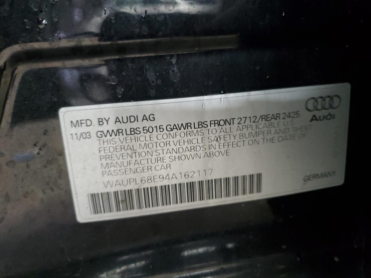 2004 Audi S4 VIN: WAUPL68E94A162117 Lot: 43370245