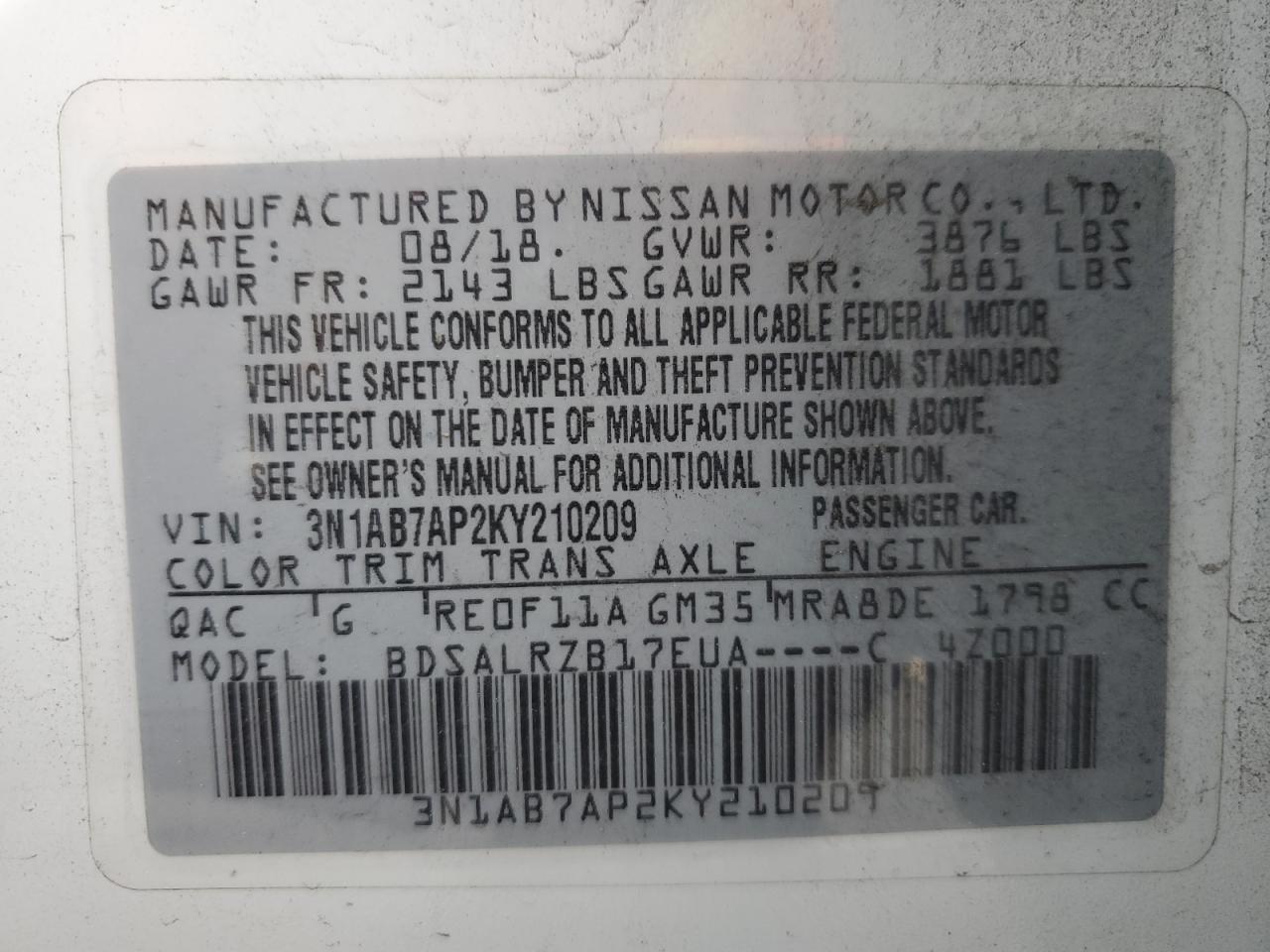 VIN 3N1AB7AP2KY210209 2019 NISSAN SENTRA no.12