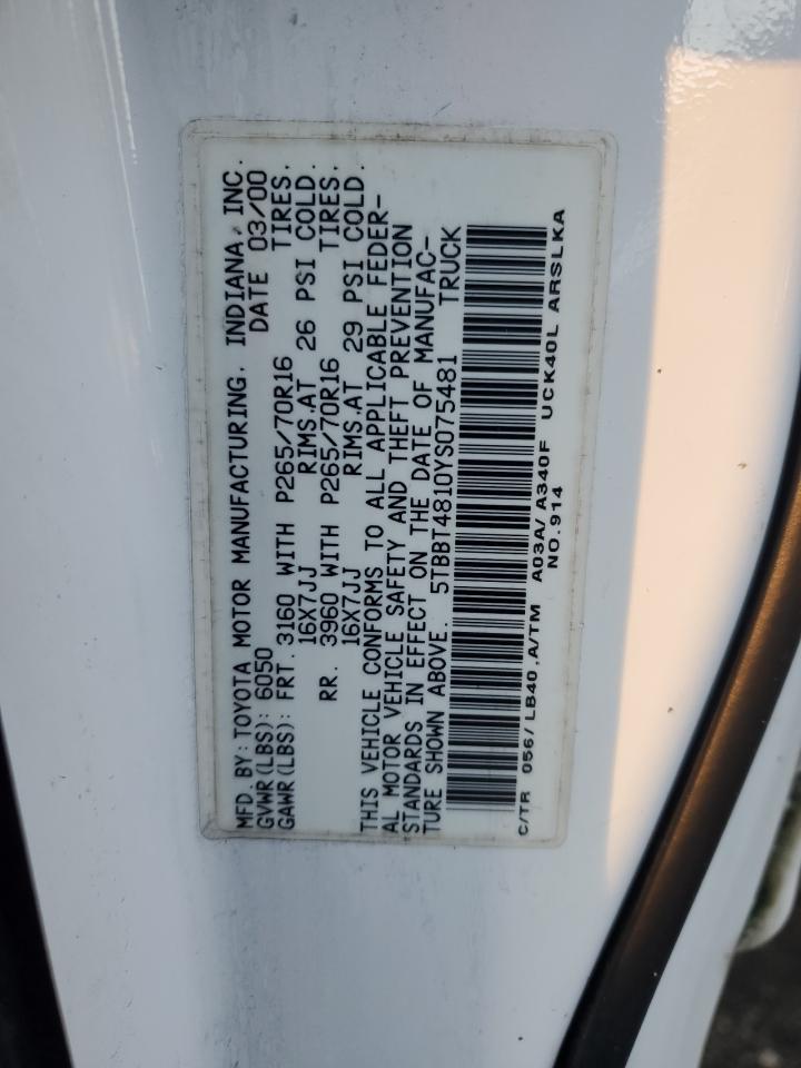 2000 Toyota Tundra Access Cab Limited VIN: 5TBBT4810YS075481 Lot: 89316225