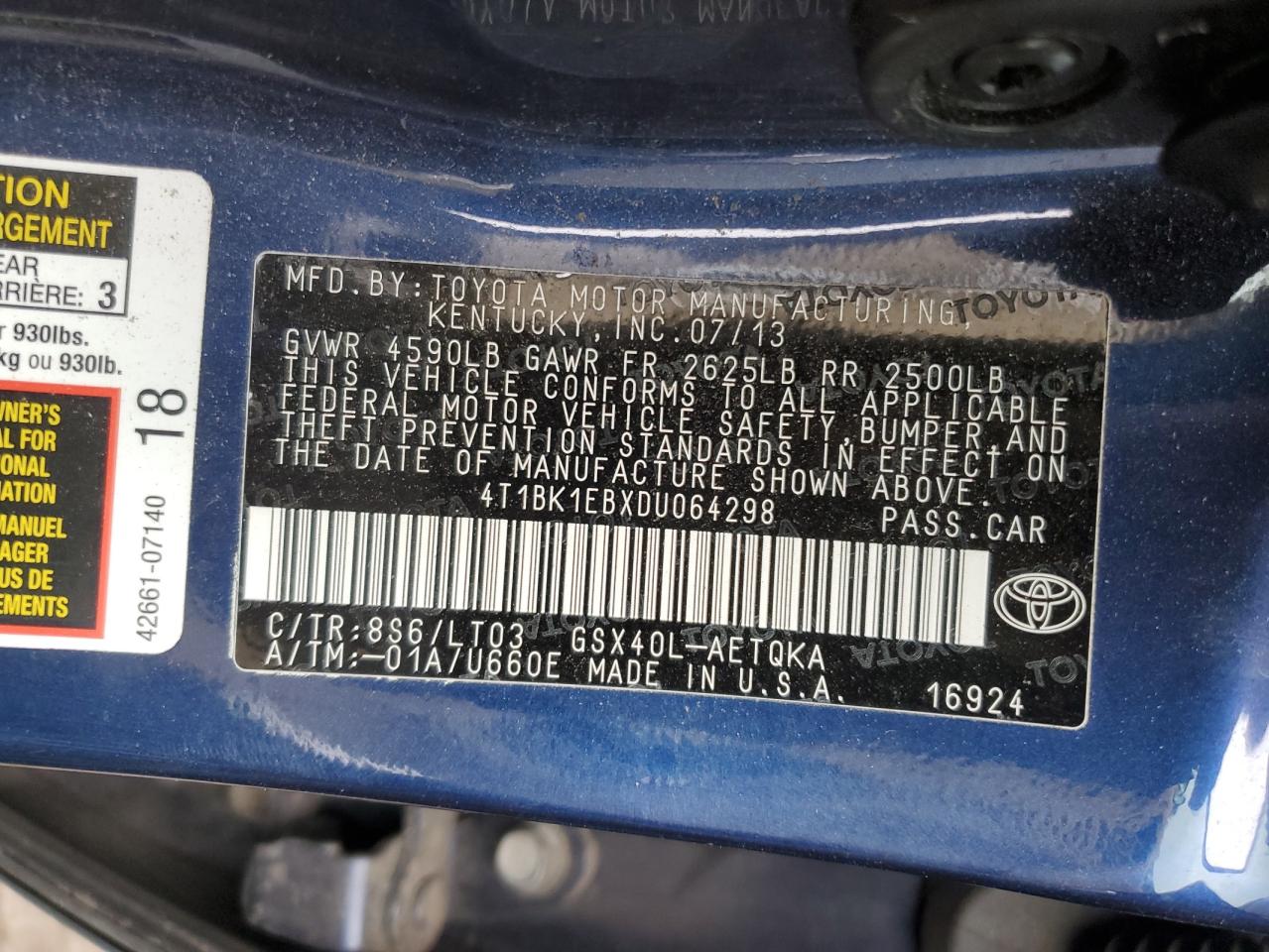 VIN 4T1BK1EBXDU064298 2013 TOYOTA AVALON no.12