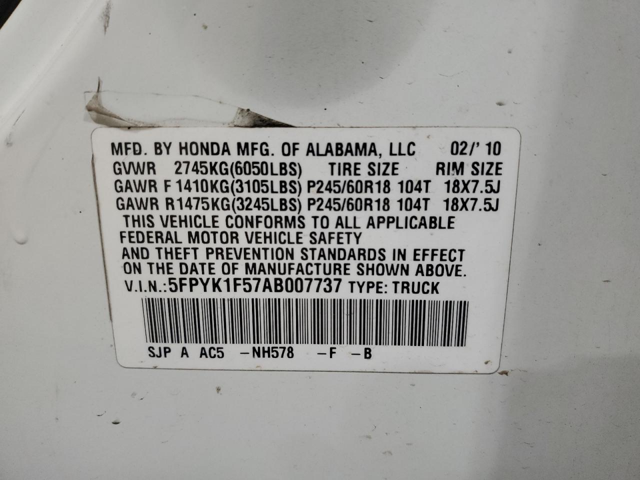2010 Honda Ridgeline Rtl VIN: 5FPYK1F57AB007737 Lot: 89068105