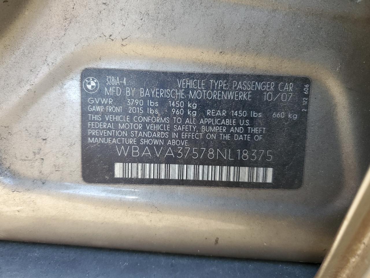 2008 BMW 328 I VIN: WBAVA37578NL18375 Lot: 42057075