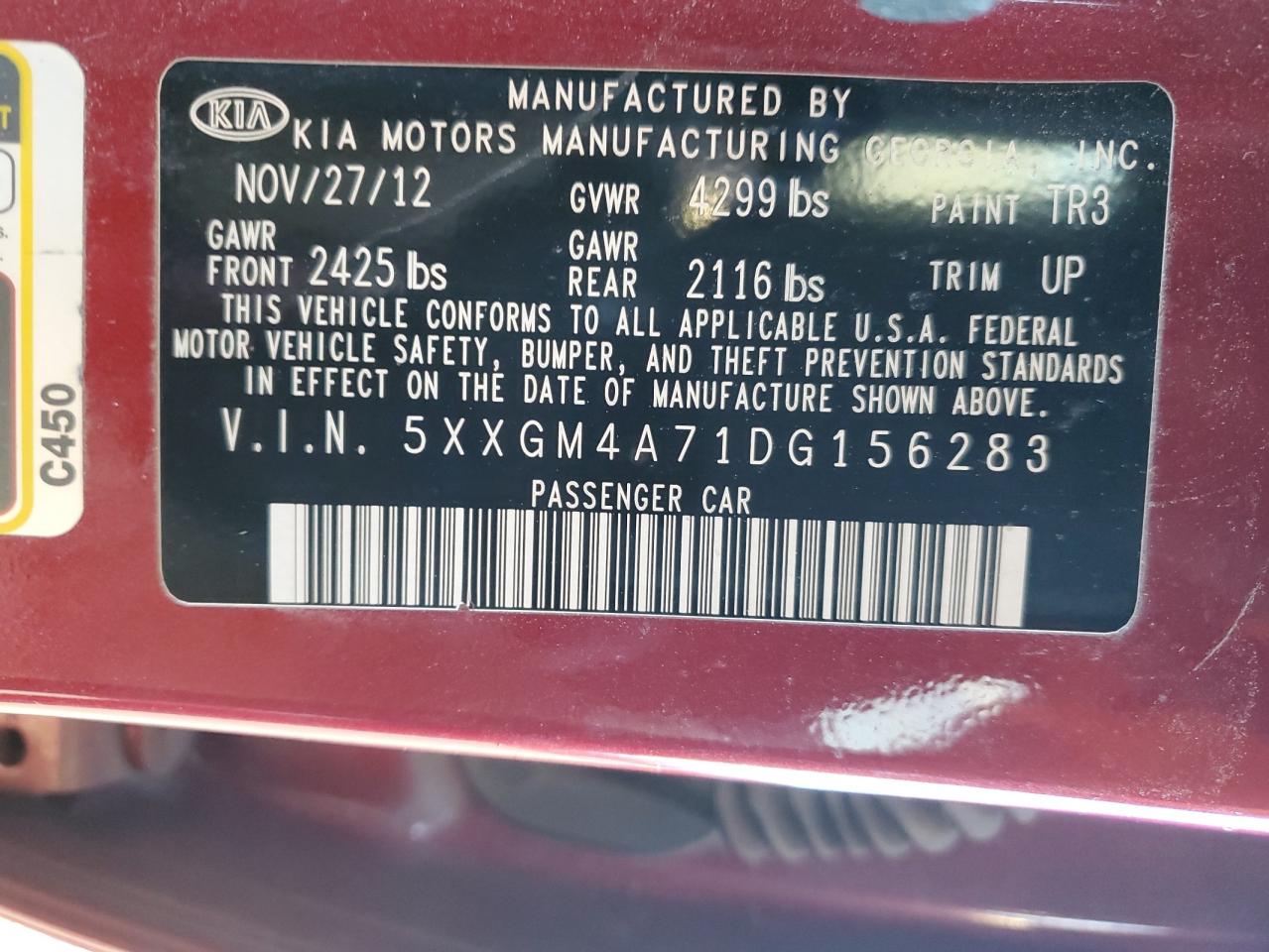 VIN 5XXGM4A71DG156283 2013 KIA OPTIMA no.12