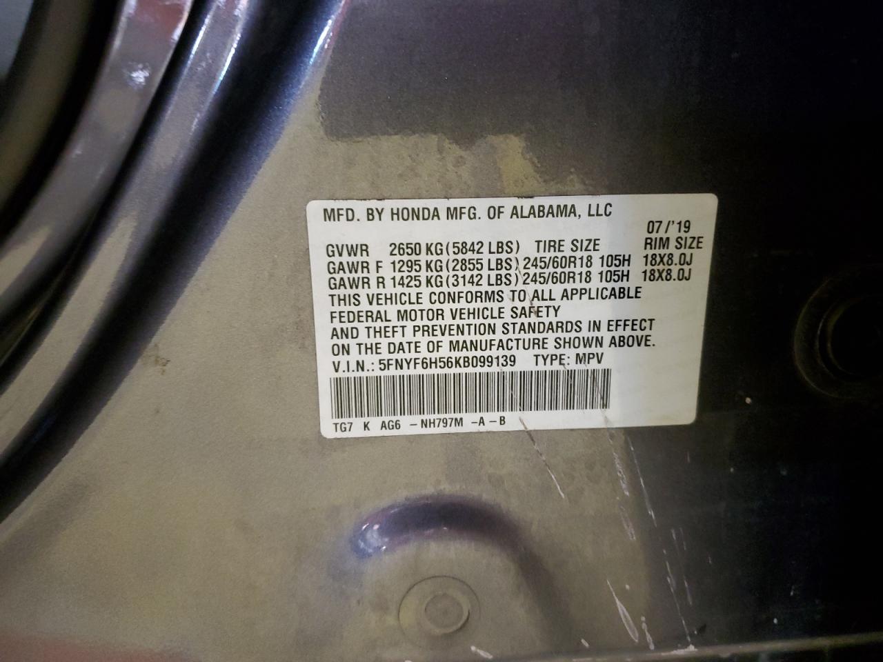 2019 Honda Pilot Exl VIN: 5FNYF6H56KB099139 Lot: 42632035