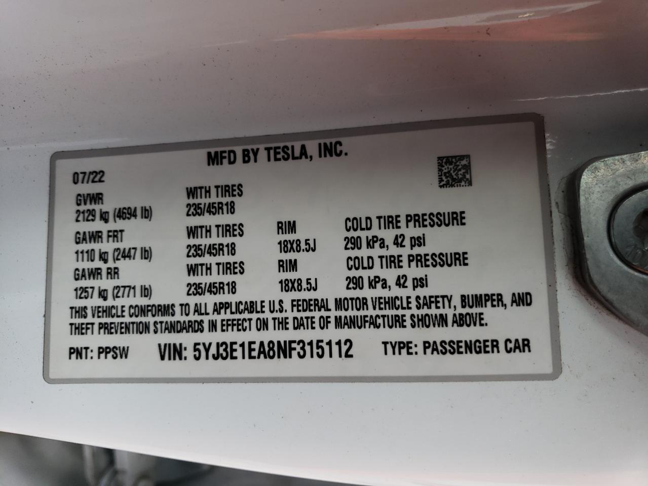 2022 Tesla Model 3 VIN: 5YJ3E1EA8NF315112 Lot: 85672885