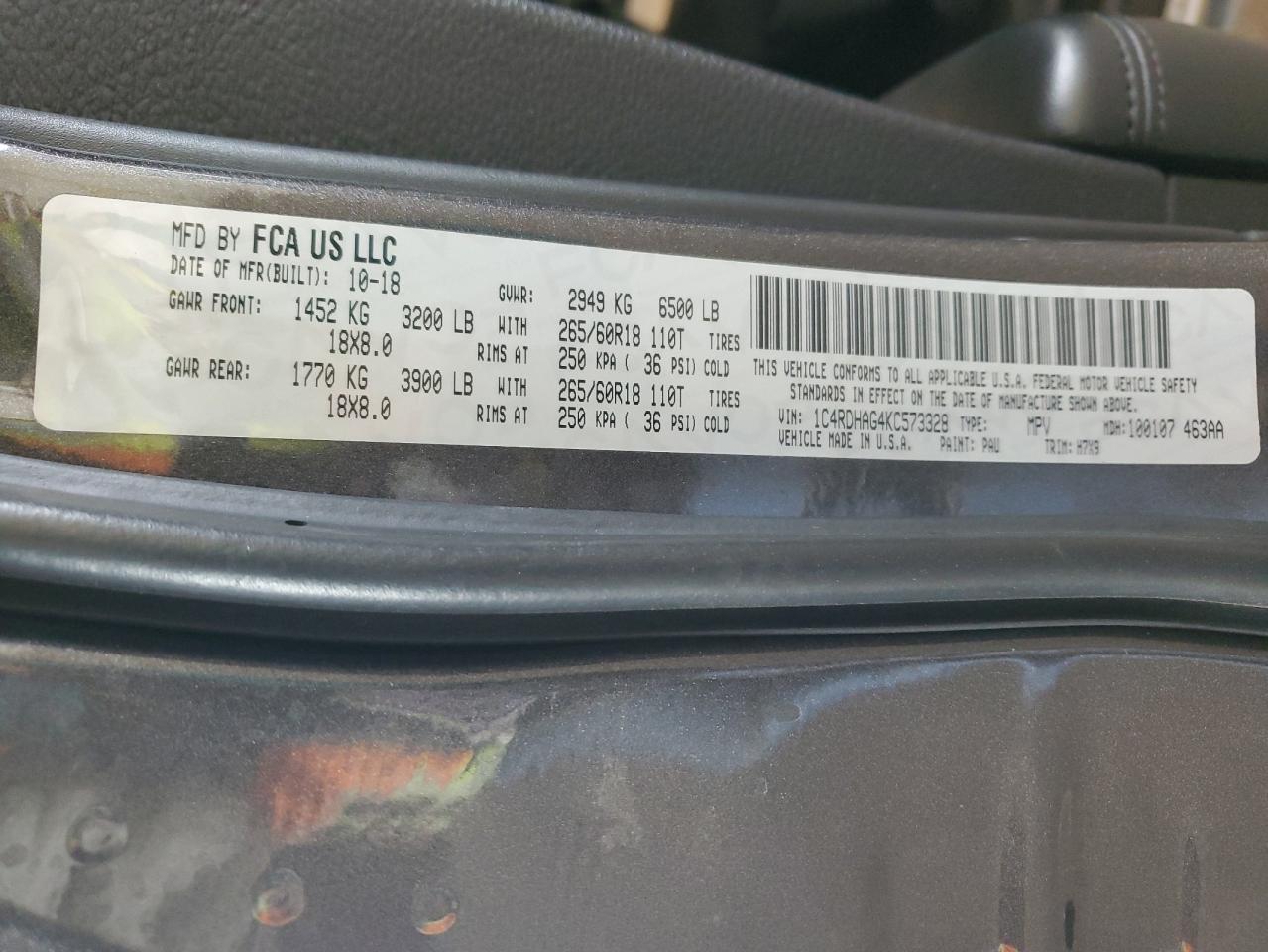 2019 Dodge Durango Sxt VIN: 1C4RDHAG4KC573328 Lot: 42075705