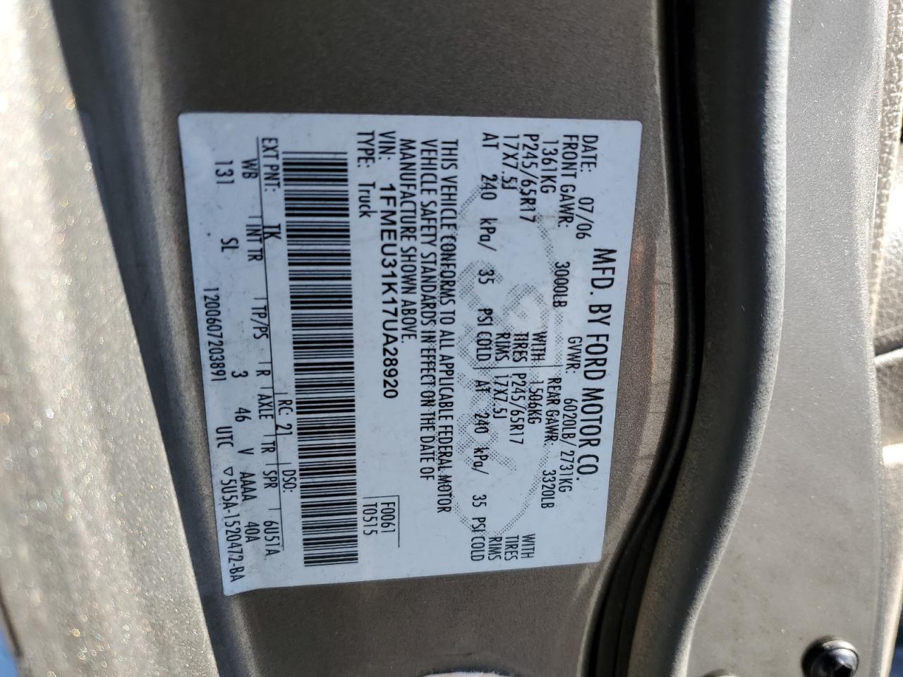 2007 Ford Explorer Sport Trac Xlt VIN: 1FMEU31K17UA28920 Lot: 85723324