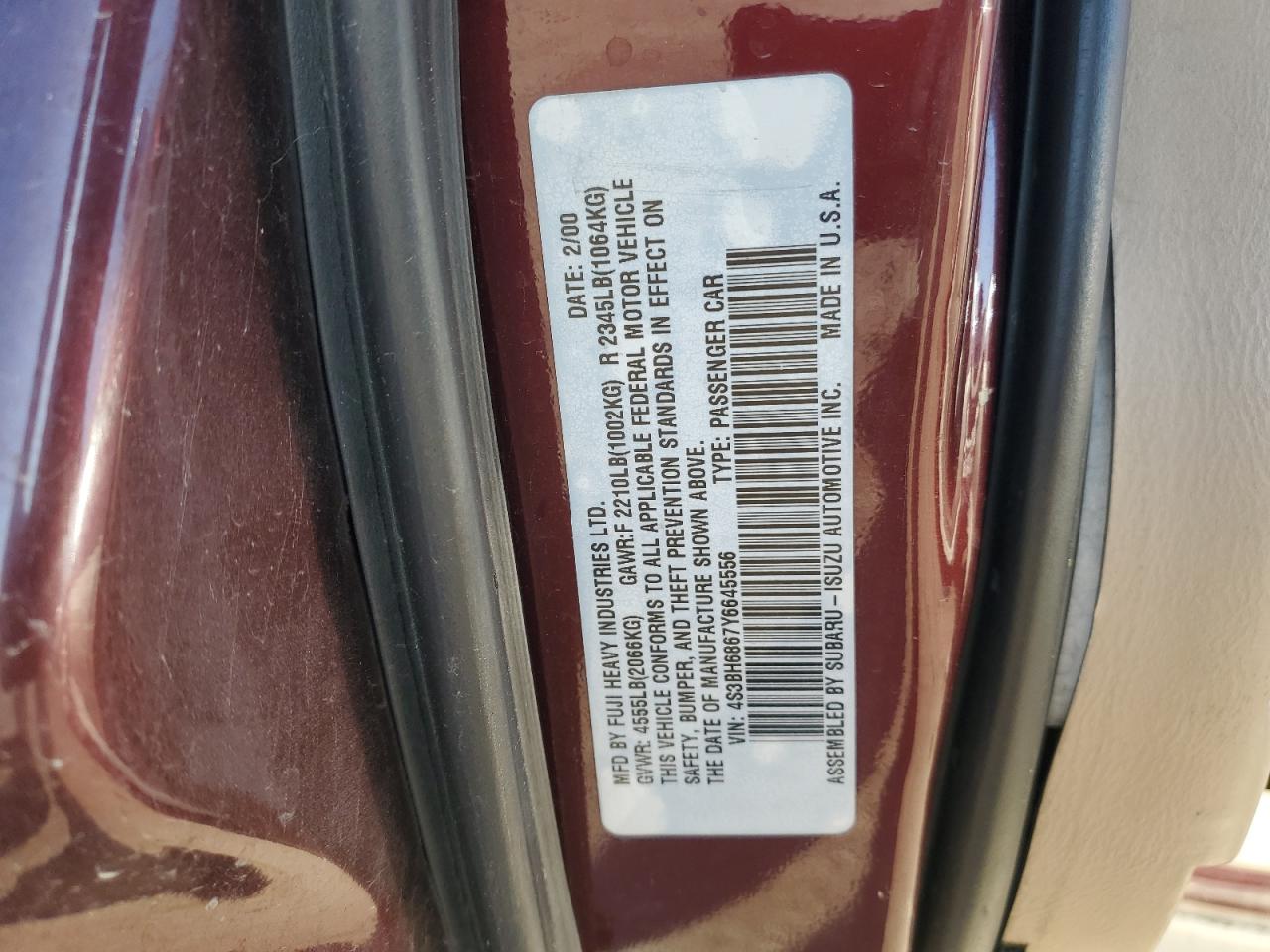 2000 Subaru Legacy Outback Limited VIN: 4S3BH6867Y6645556 Lot: 89100895