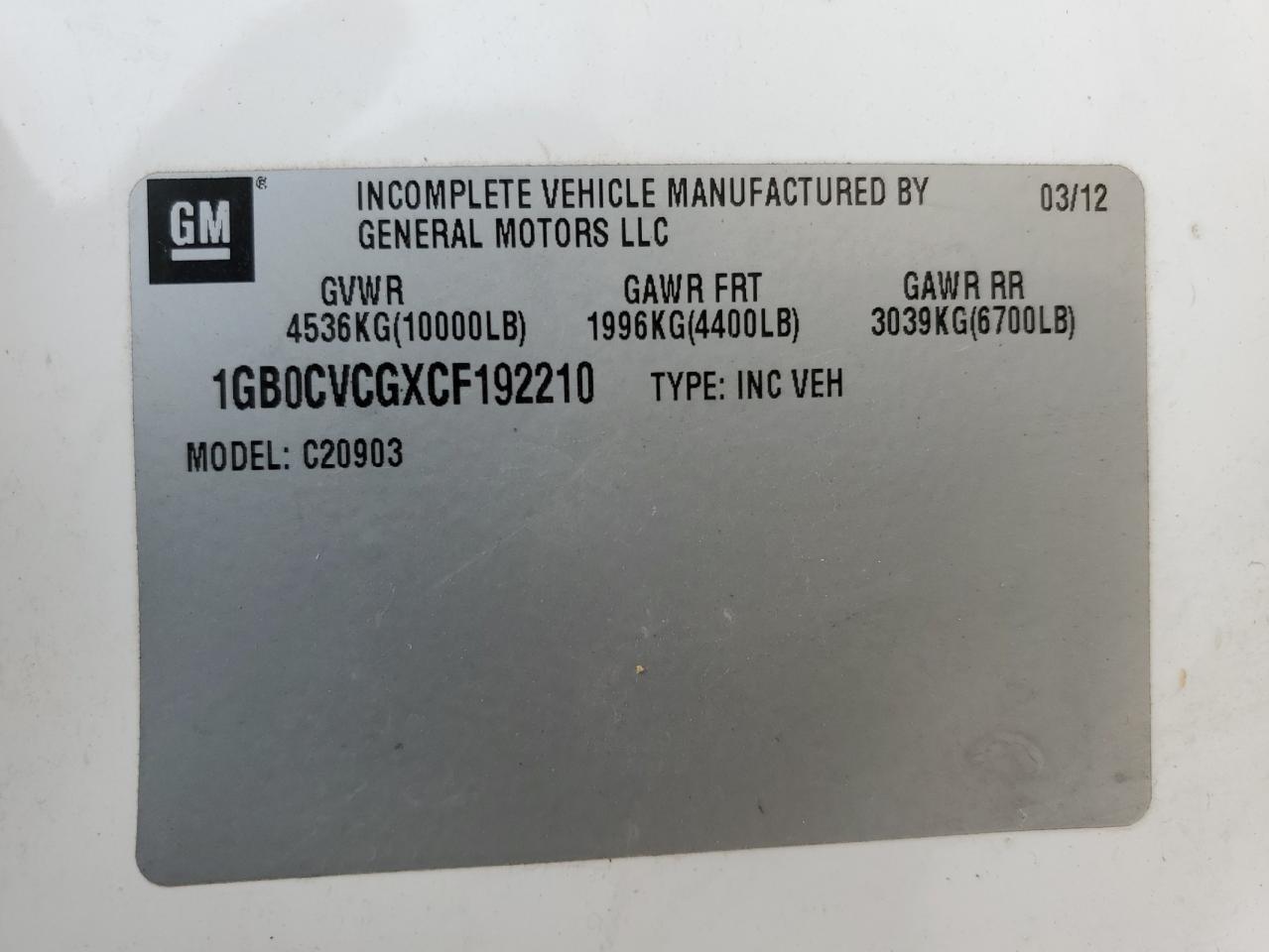 2012 Chevrolet Silverado C2500 Heavy Duty VIN: 1GB0CVCGXCF192210 Lot: 43828375