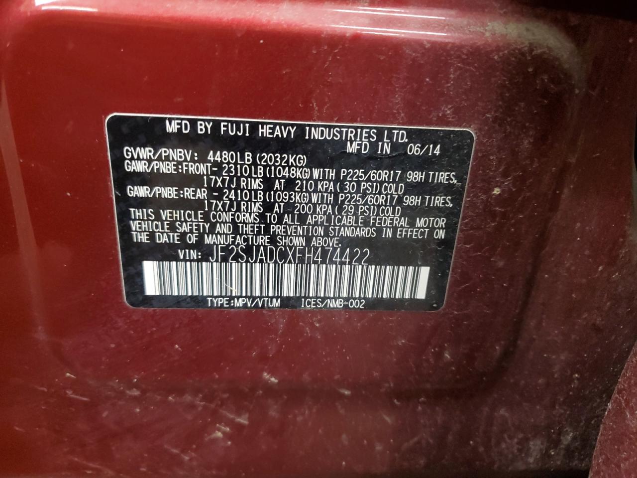 2015 Subaru Forester 2.5I Premium VIN: JF2SJADCXFH474422 Lot: 43041685