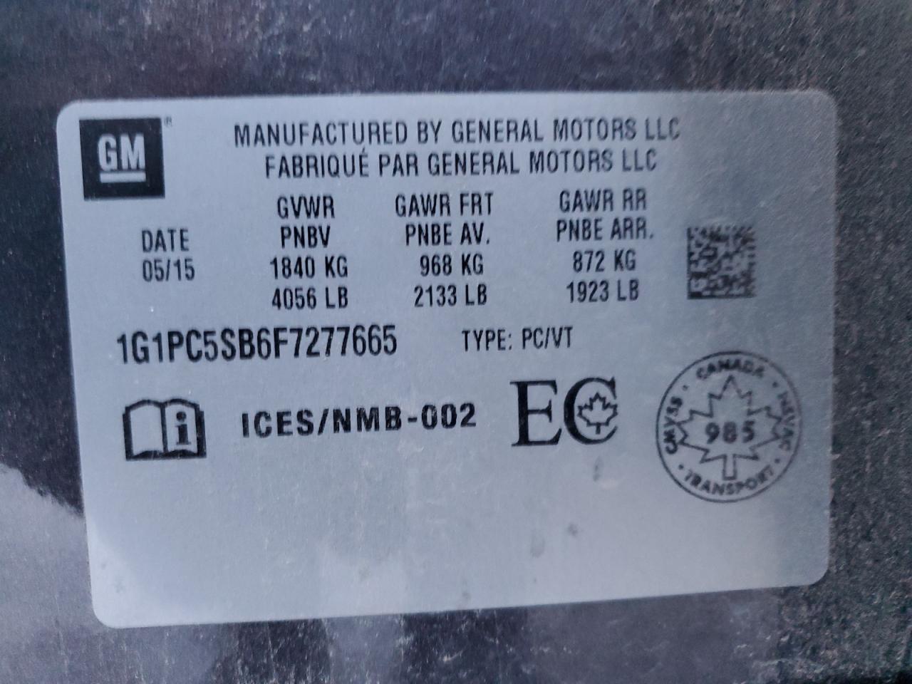 2015 Chevrolet Cruze Lt VIN: 1G1PC5SB6F7277665 Lot: 88027795