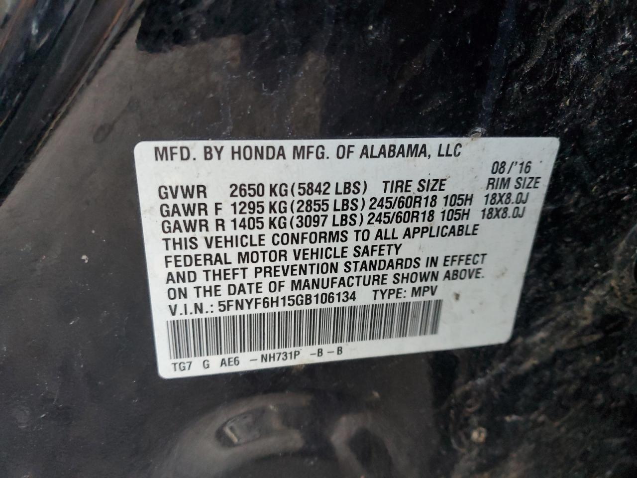 VIN 5FNYF6H15GB106134 2016 HONDA PILOT no.13