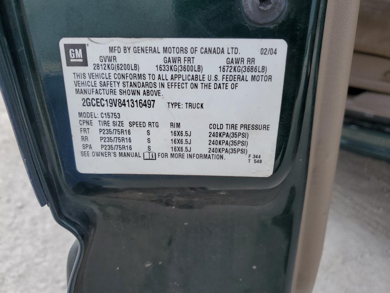 2004 Chevrolet Silverado C1500 VIN: 2GCEC19V841316497 Lot: 41807205