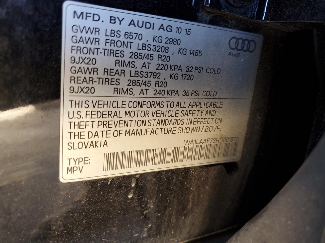 VIN WA1LAAF73HD001873 2017 AUDI Q7 no.12