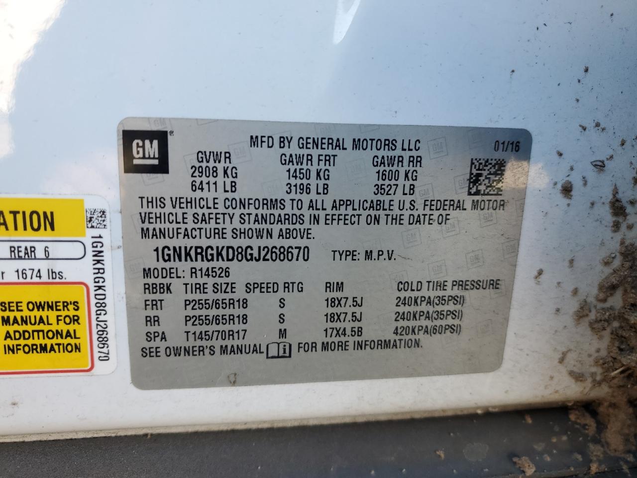 2016 Chevrolet Traverse Lt VIN: 1GNKRGKD8GJ268670 Lot: 87627085