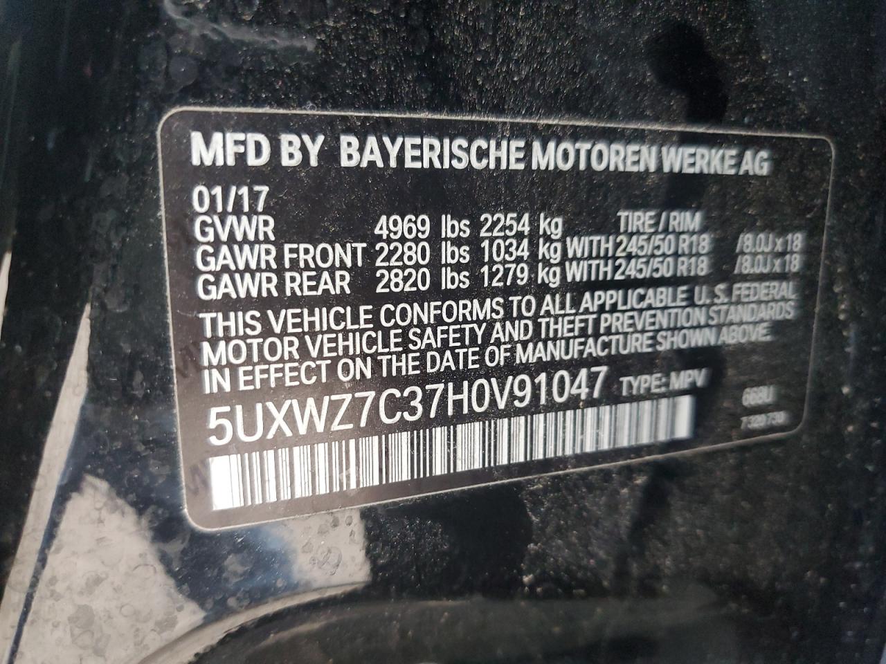 2017 BMW X3 Sdrive28I VIN: 5UXWZ7C37H0V91047 Lot: 86915544