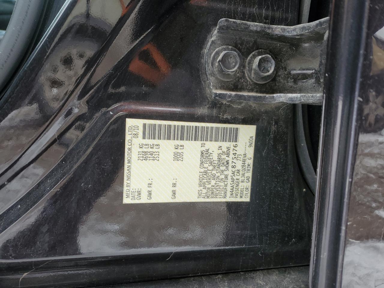 2010 Nissan Maxima S VIN: 1N4AA5AP5AC875476 Lot: 88363895