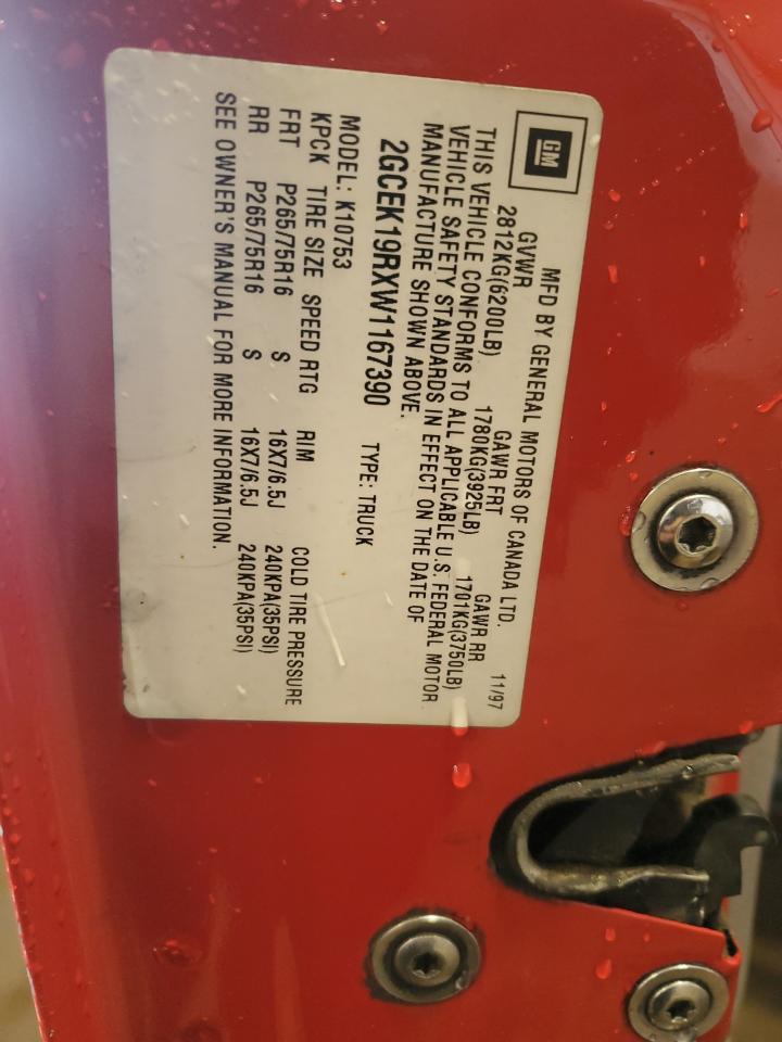 1998 Chevrolet Gmt-400 K1500 VIN: 2GCEK19RXW1167390 Lot: 89069015