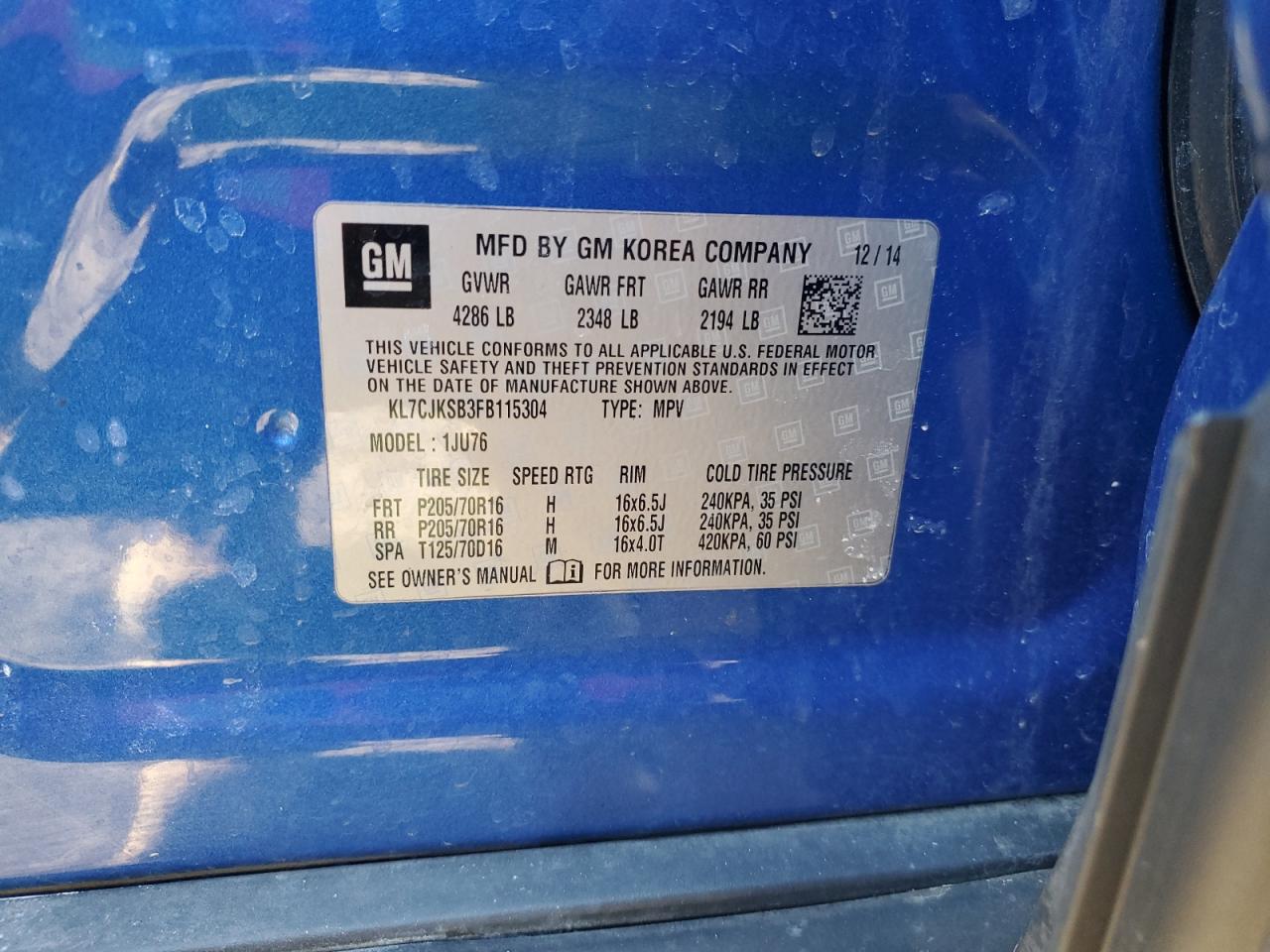 2015 Chevrolet Trax Ls VIN: KL7CJKSB3FB115304 Lot: 88740055