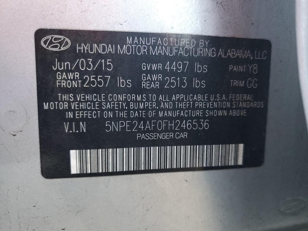 VIN 5NPE24AF0FH246536 2015 HYUNDAI SONATA no.12