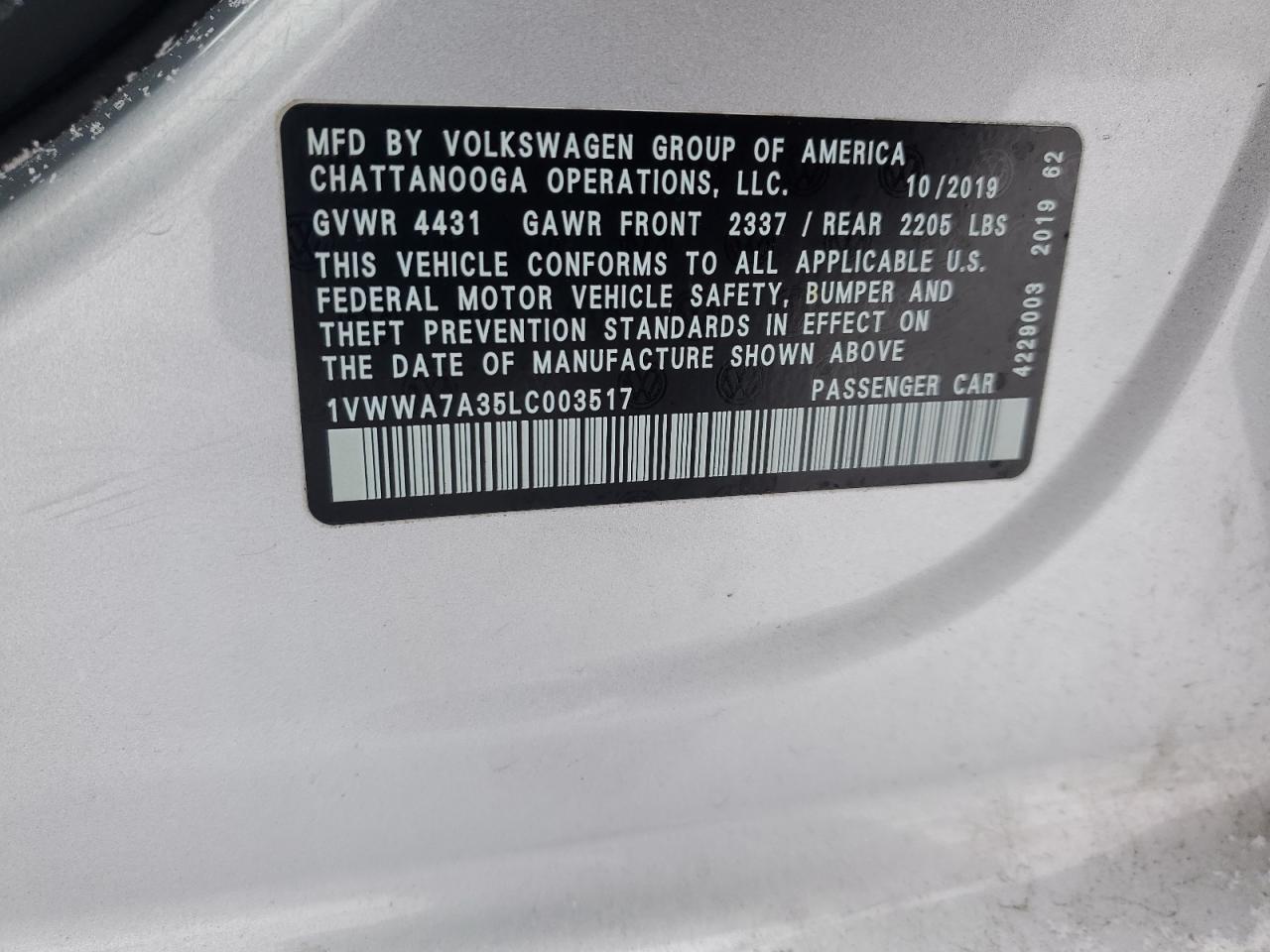 2020 Volkswagen Passat Se VIN: 1VWWA7A35LC003517 Lot: 86249194