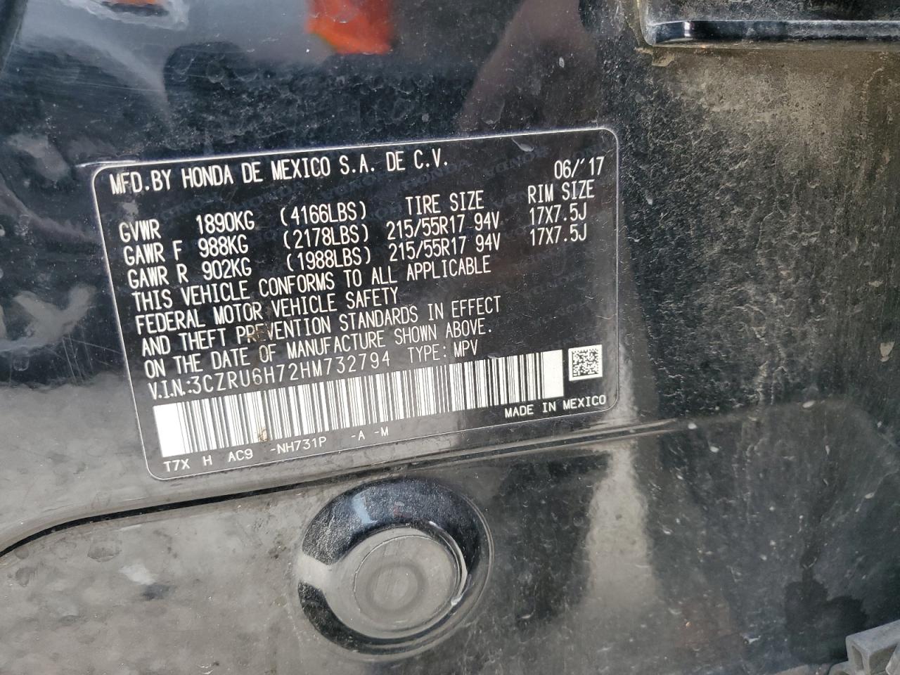 2017 Honda Hr-V Exl VIN: 3CZRU6H72HM732794 Lot: 41572395